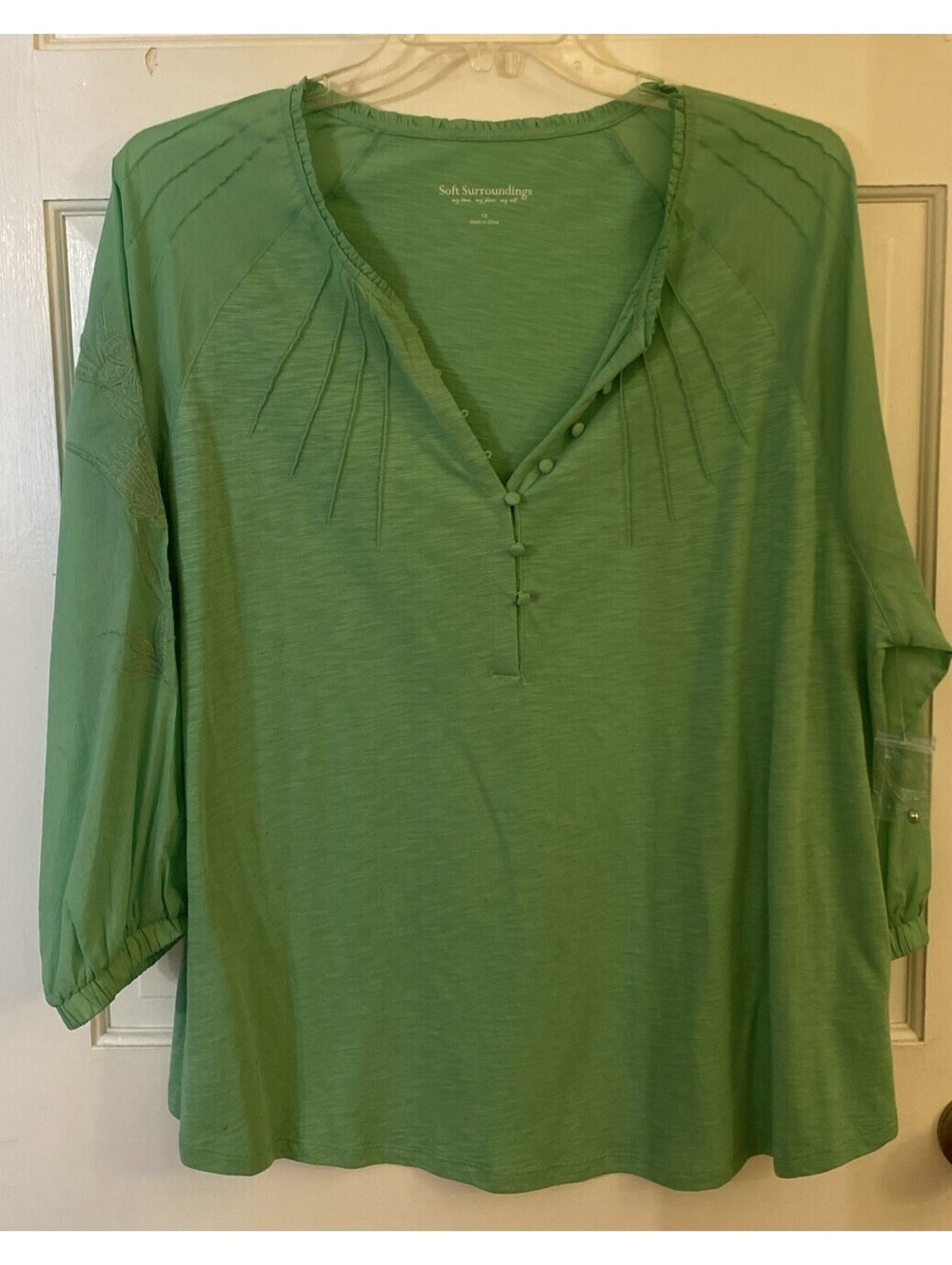 Soft Surroundings 3/4 Flare Sleeve Cotton Modal Button Front Top Women's 1XGreen